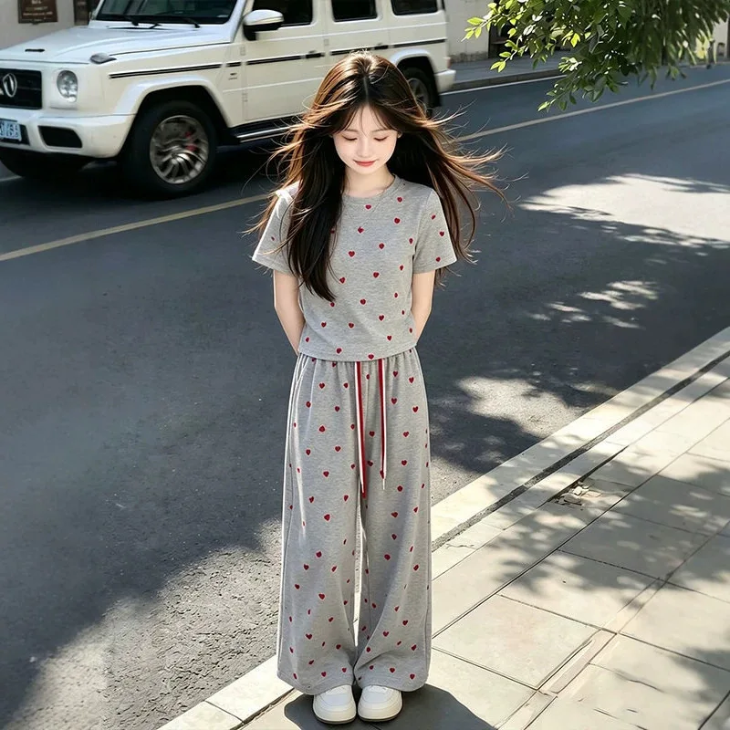 Summer Girls Children Set Short Sleeve Teenager HEART LOOSE Top T Shirt t-shirt + Wide Leg Long Pants 4 6 7 8 10 12 14 Years