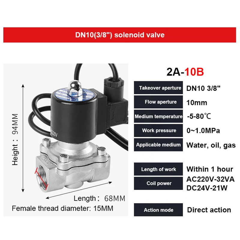 DN10 Normally Closed Stainless Steel Solenoid Valve Water Stainless Steel IP68 Coil for Underwater Fountain