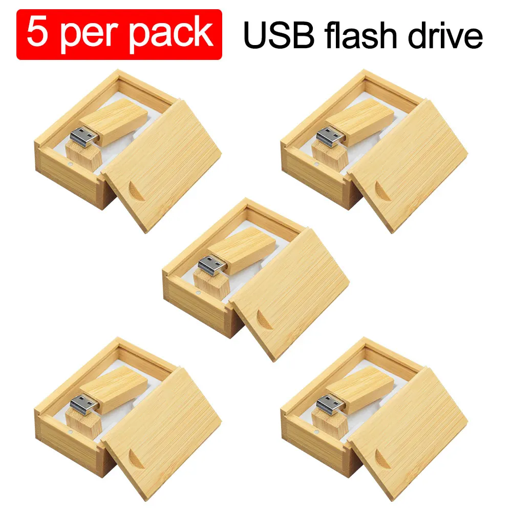Lote de 5 Unidades de Memoria USB en Caja de Madera, USB 2.0, Personalizable con Logotipo, 128GB 64GB 32GB, Regalos para Fotografía y Bodas