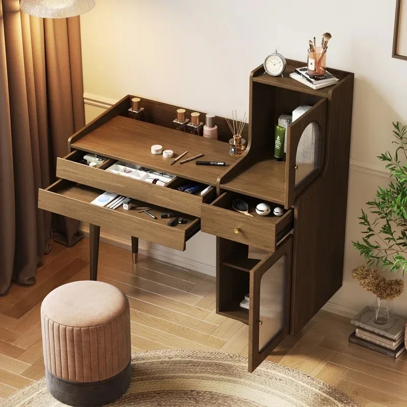 -Modern Brown MDF Bedroom Makeup Vanity Vanities Furniture Mirror Drawer Glass Door Set Wooden Dressing Table Dressing Room