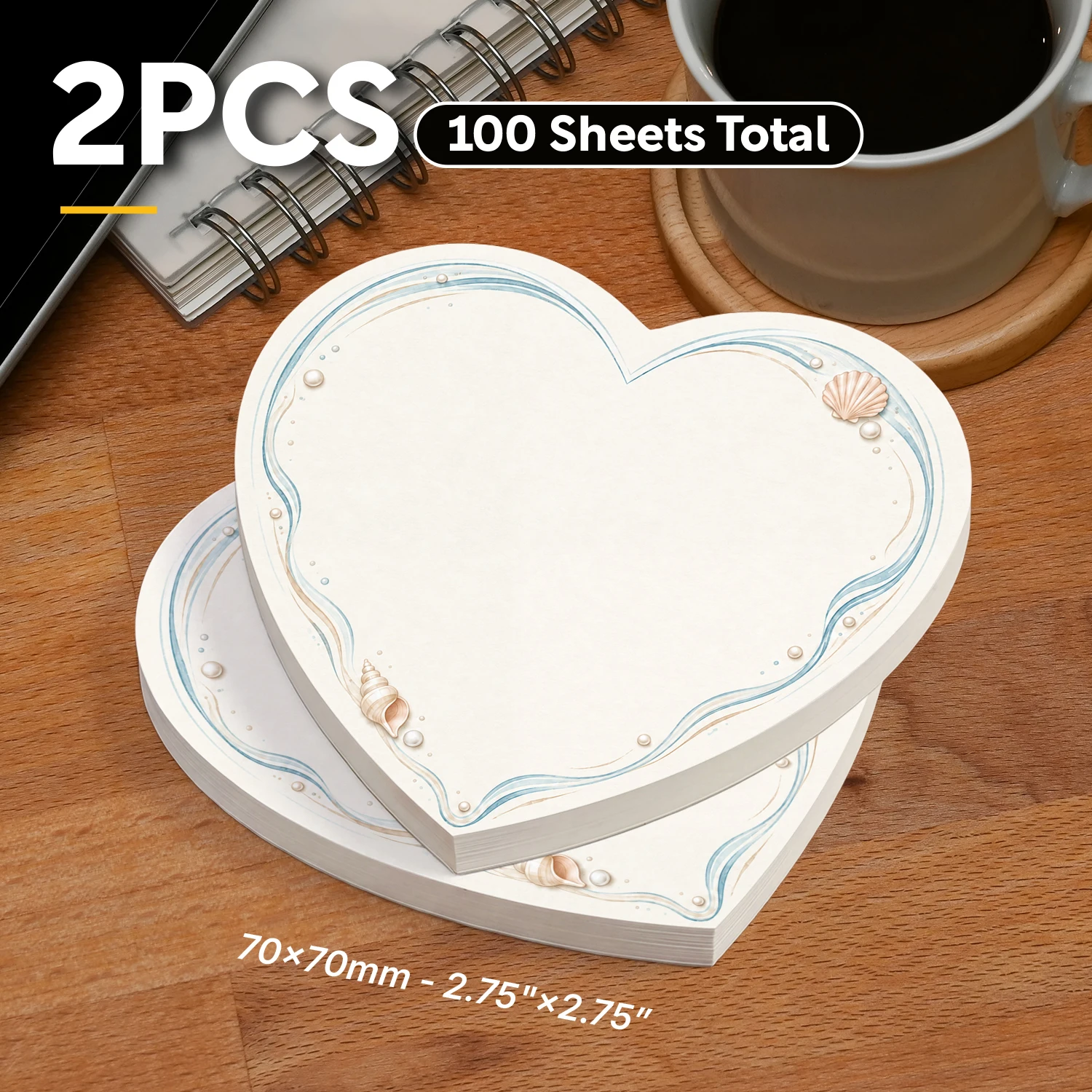 2PCS Seashell Heart Shaped Sticky Notes 100 Sheets Ocean Wave Pearl Memo Pads Writing Reminder Office School Stationery