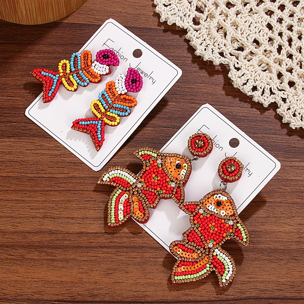 WELBACK Beaded Goldfish Earrings for Women Handmade Statement koi Dangle Earrings Boho Funky Lucky Jewelry Gift