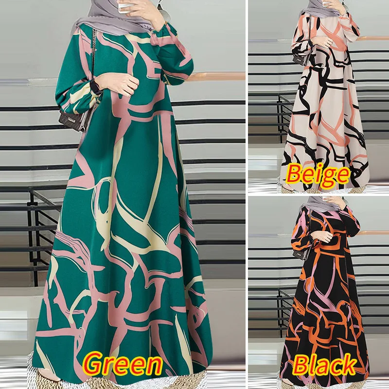 

In Stock Fashion New Muslim Arrival Robe Printing Middle East Muslim Malay Dress Full Sleeve Round Neck Robe Maxi Dress