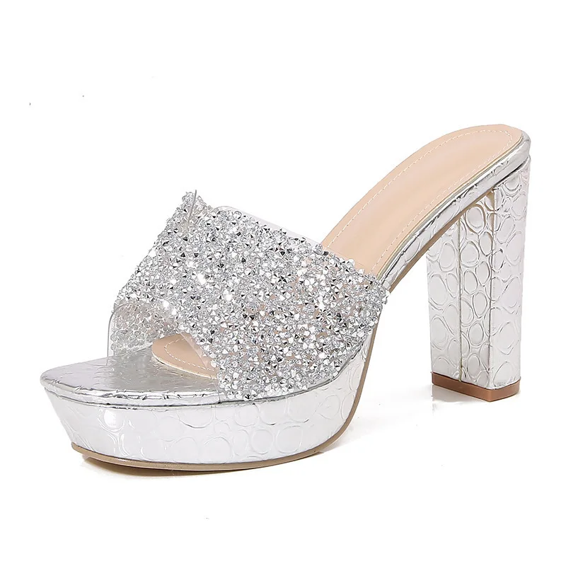 

2024 Ladies Sandals Shoes Bohemian New Fashionable Rhinestone Slippers Plus Size 41 42 Thick Soled High-heeled Women's Shoes