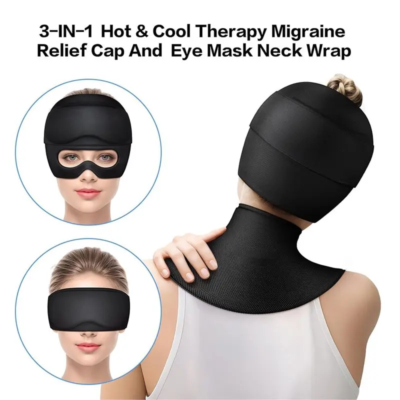 A66T-Detachable Ice Caps With Eyes Mask Migraine Relief Cap Neck Ice Pack Wrap Gel& Hot And Cold Therapy
