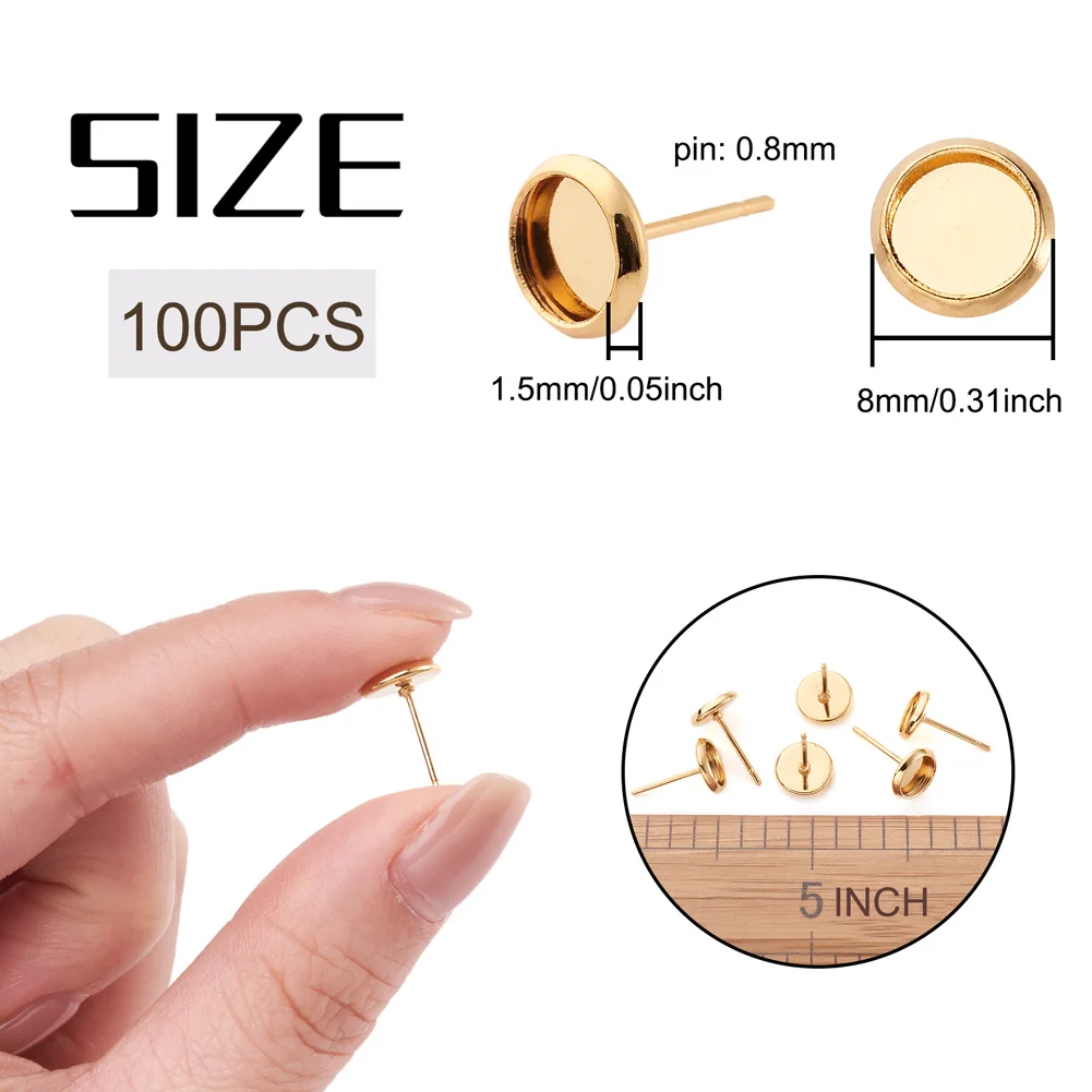 300Pcs 304 Stainless Steel Stud Earring Cabochon Settings Flat Round Golden Color Post Cup For DIY Ear Jewelry Making Findings