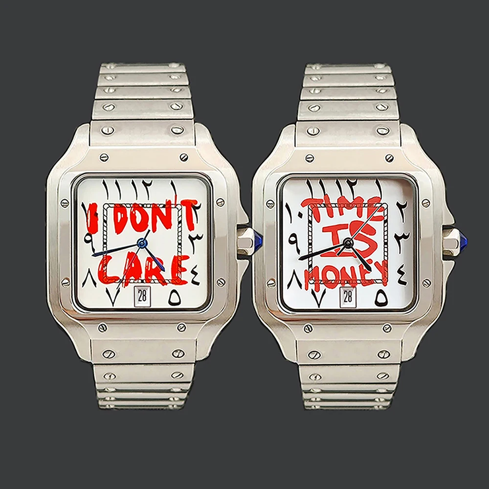 38MM Watch NH35 Arabic Dial TIME IS MONEY Men's Watch Custom Logo Square Stainless Steel Watch NH35 Movement