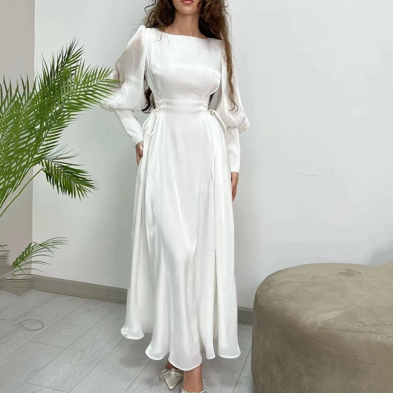 Robe de soirée en mousseline de soie blanche à manches longues pour femmes, robe de soirée formelle, longue ligne A, Rh