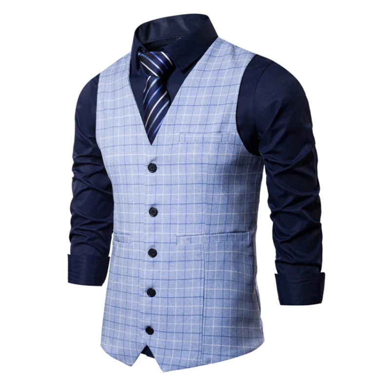 High Quality Men\'s Plaid Single Breasted Vest Slim Fitting Suit Vest Men\'s Waistcoat Slim-fit Wedding Suit Vest