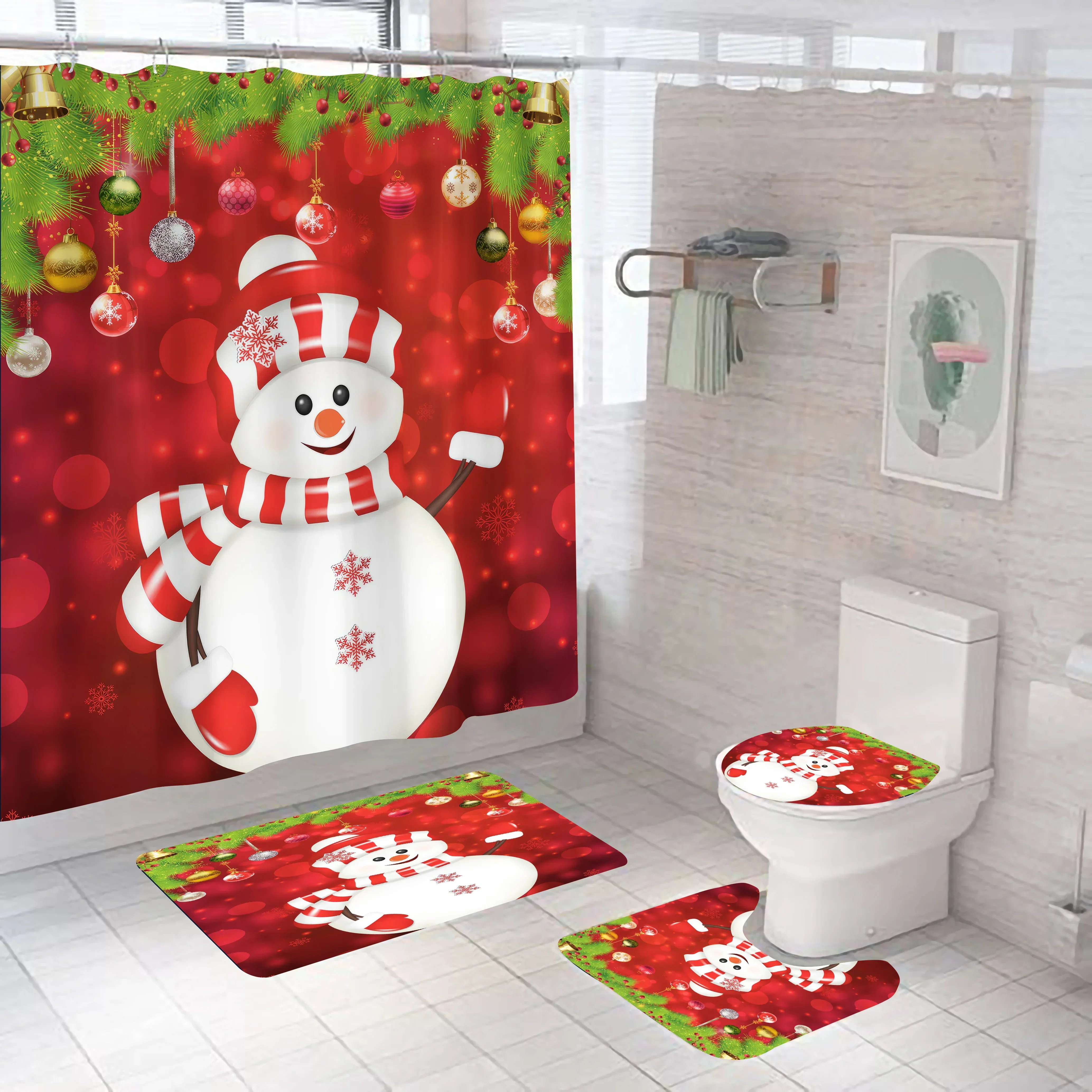 3d Digital Printing Merry Christmas Shower Curtain Waterproof Polyester Landscape Curtains Bathroom Shower Curtain And Rug Sets