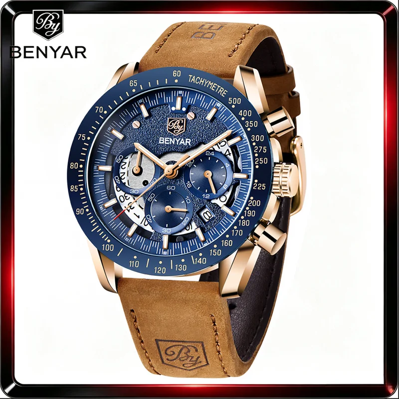 BENYAR Men Sport Quartz Watch Chronograph Calendar Luxury Waterproof Military Business Wristwatch Men Clock Reloj Hombre BY-5120