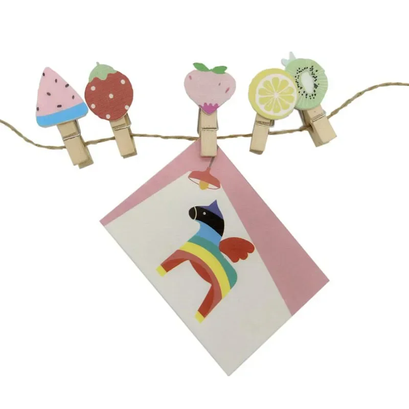 1pack/lot Cute Cartoon Wooden Clip Photo paper Craft Clips Party Decoration Clip Set With Rope
