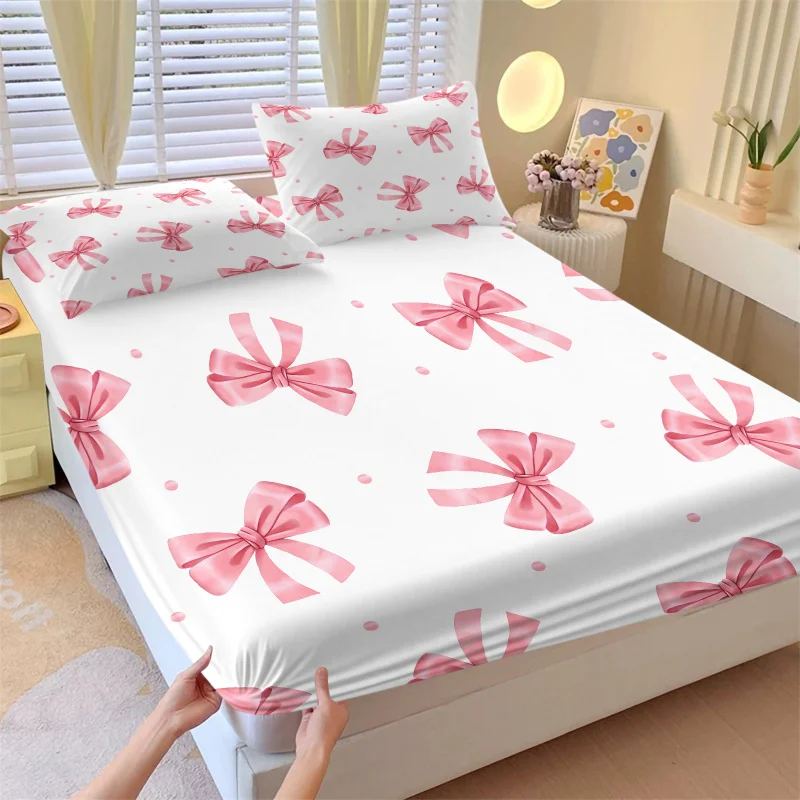 Pink Ribbon Bow Polka Dot Fitted Sheet Set 3 Pieces White Base Watercolor Pattern Bedding Soft Microfiber Cute Girl Room Decor