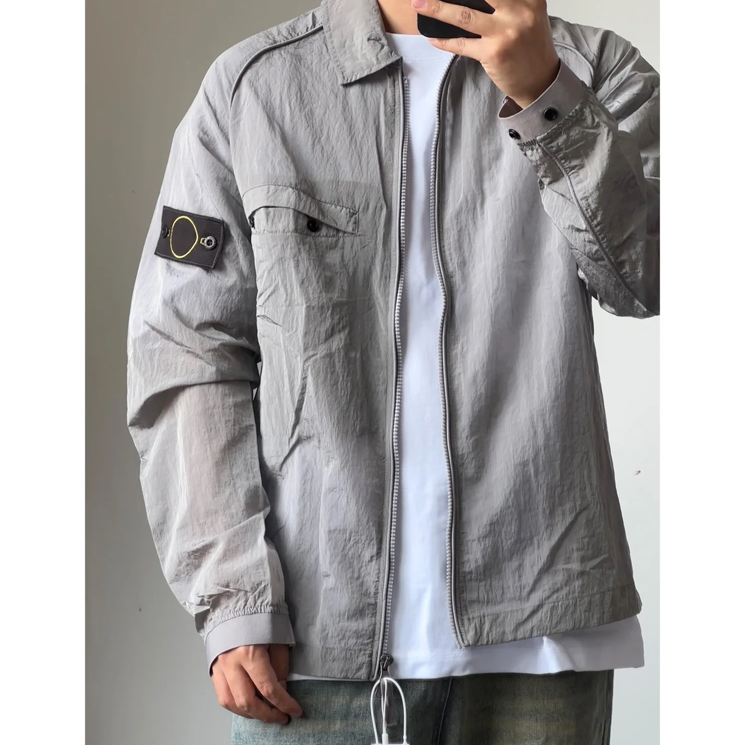 

BPStone Reflective Nylon Metal Jaet Stone Pattern Sunscreen Outerwear Urban Faion Youth Long Sve Collar Spring Season