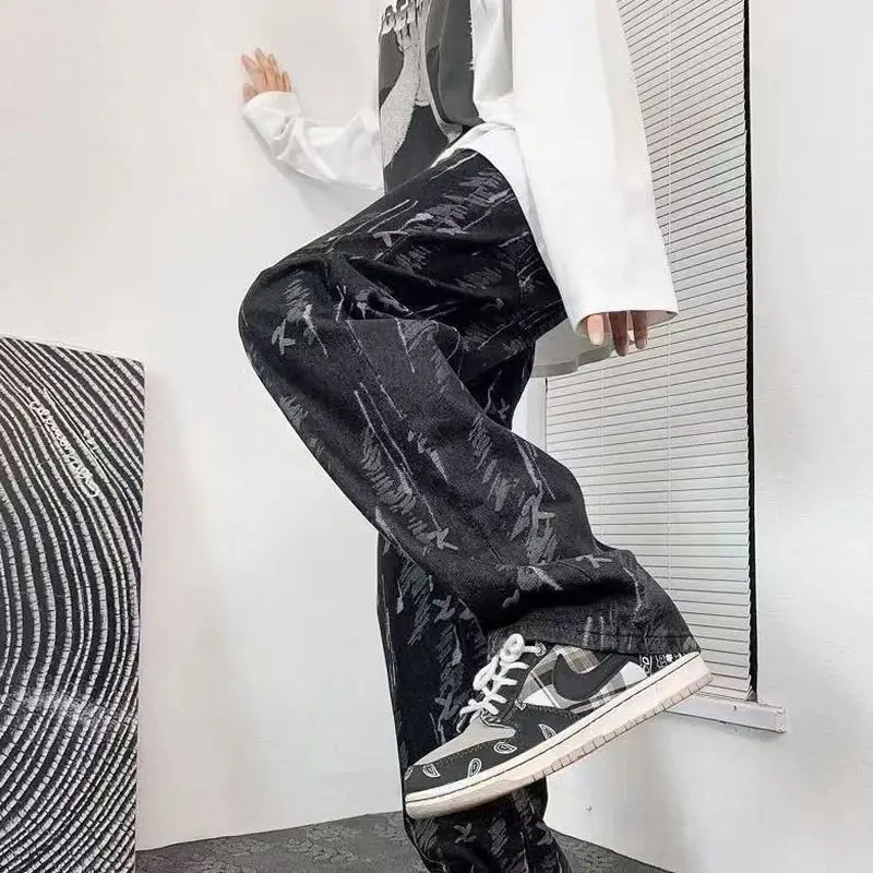 

Foufurieux Summer Hip Hop Jeans Mens Korean Style Sense of Design Loose Straight Washed Fashion Street Casual Wide Leg Trousers