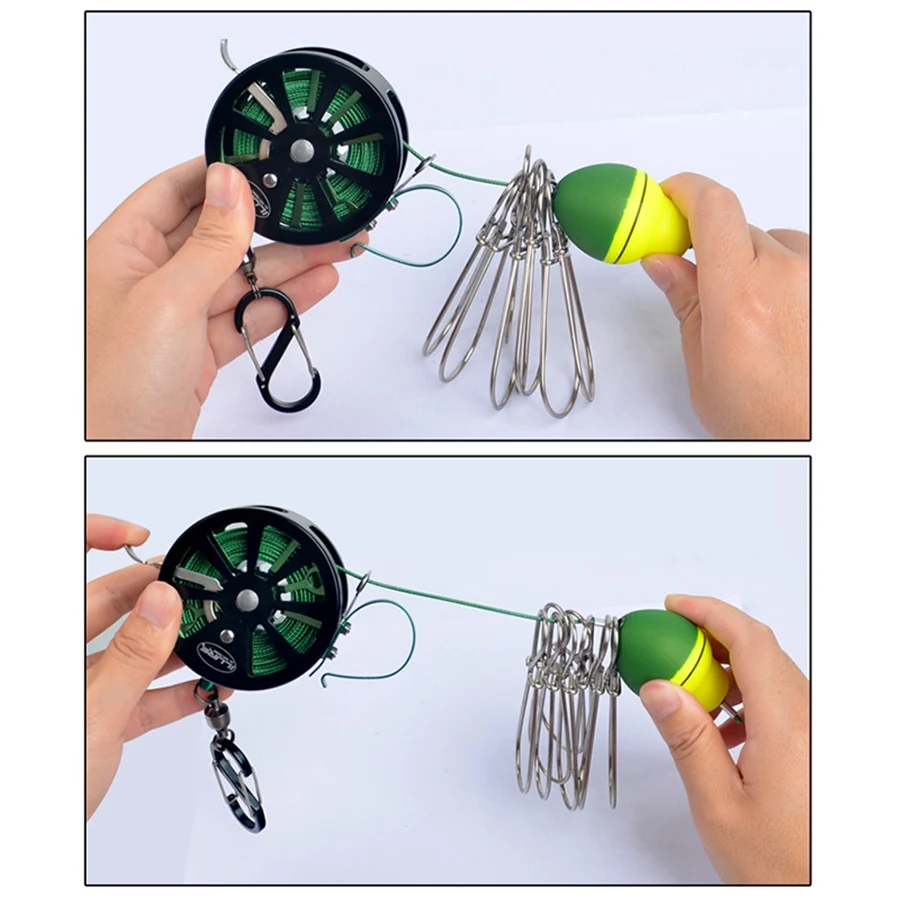 الصيد سترينجر الفولاذ المقاوم للصدأ الصيد قفل مشبك مع بكرة الأسماك الحية أقفال قابل للسحب حبل مع حلقة تسلق تعويم الساخن