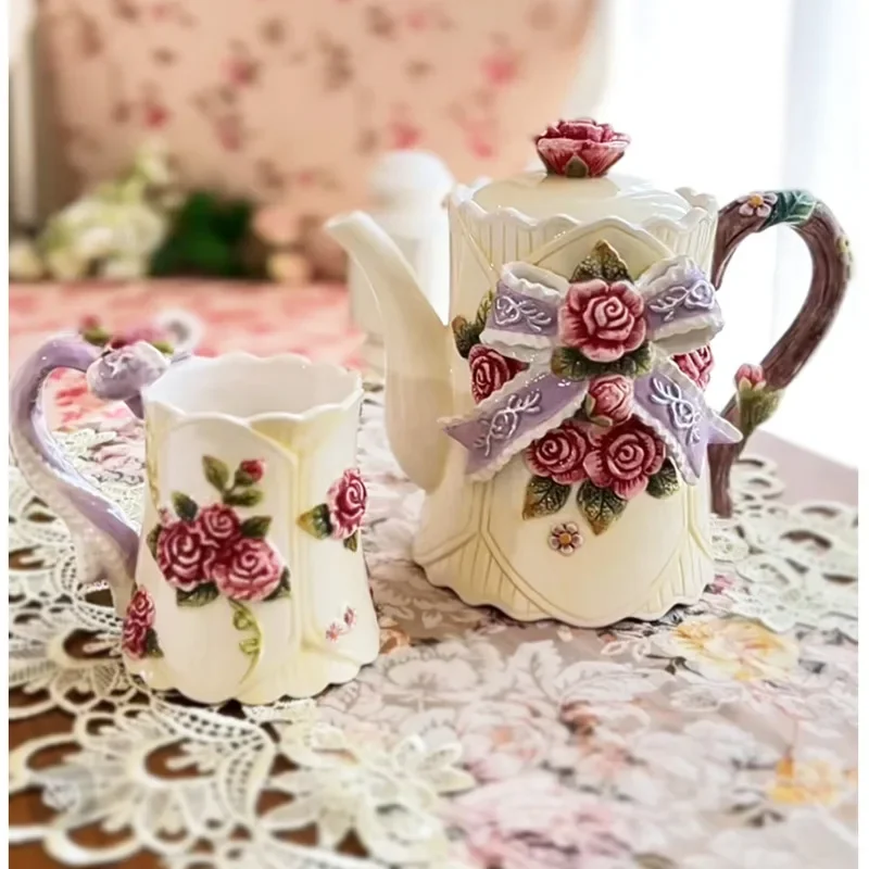 European Ceramic Latte Pot Underglaze Painted Coffee Cup Relief Rose Tea Kettle Exquisite Beautiful Afternoon Tea Set