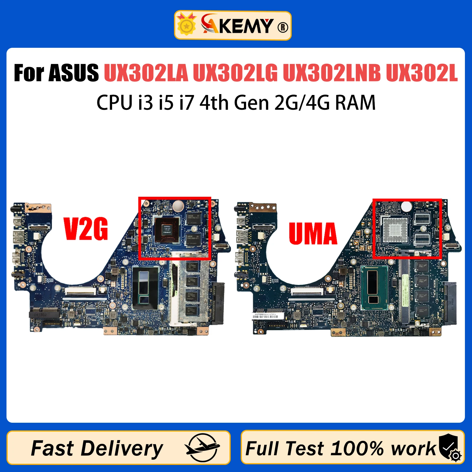 

AKEMY UX302L Mainboard For ASUS UX302LA UX302LG UX302LNB UX302 Laptop Motherboard CPU i3 i5 i7 4th Gen 2GB/4GB RAM V2G