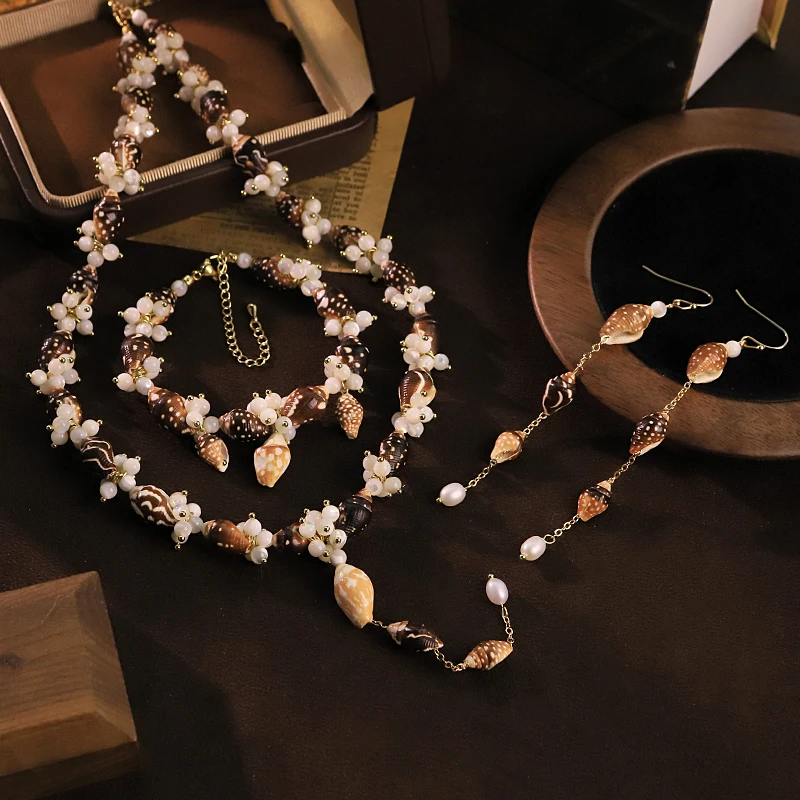 

GLSEEVO Natural Freshwater Pearl Seashell Beaded Jewelry Set for Women Daily Seashell Cluster Jewelry Set Beach Fashion Jewelry