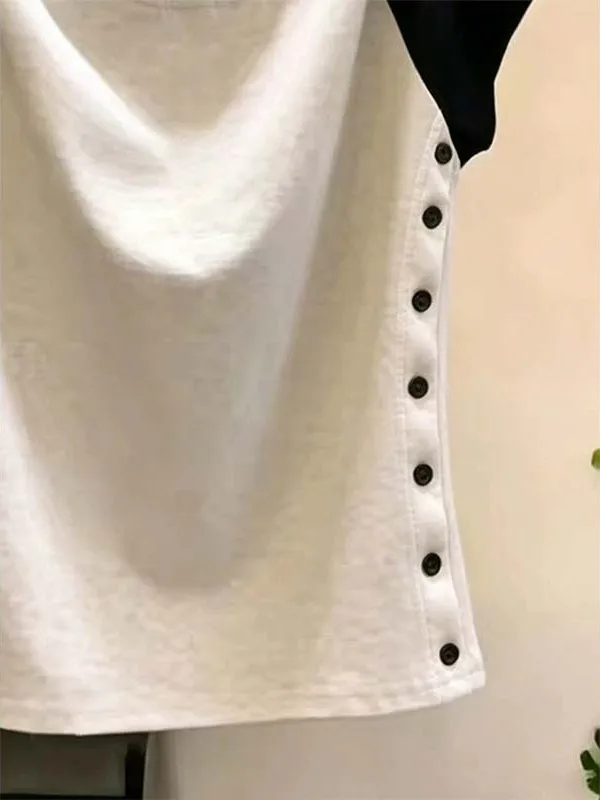 Fashionable Slim Fit Short Sleeve T-Shirt Women's Summer New Style High Waist Button Detail Color Block Casual Top for Ladies