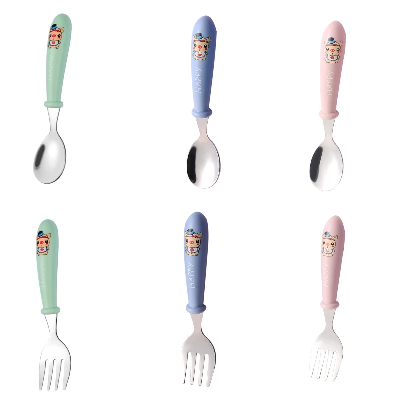 Baby Kids Cartoon Cute Spoon Fork Stainless Steel Tableware Training Learning  Feeding Scoop Fork Utensils for Child