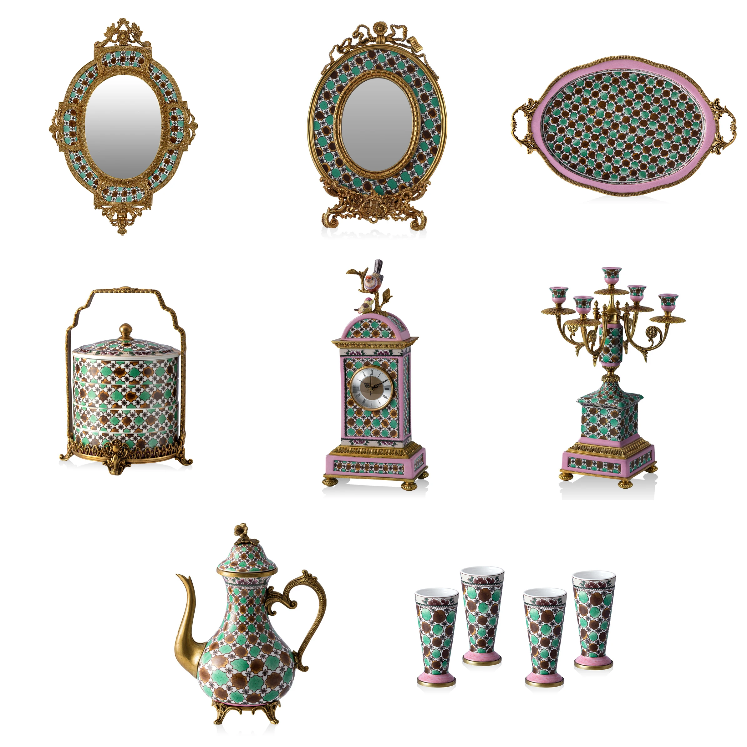 

Bohemian Brass Home Decor European Retro Candle Holder Wall Mirror Desktop Clock Tray Living Room Luxury Porcelain Decoration
