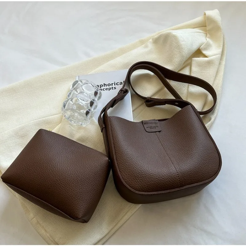 2pcs Set Vintage Bucket Bag Set Stylish Crossbody Shoulder Bag Retro Commuter Tote with Small Pouch