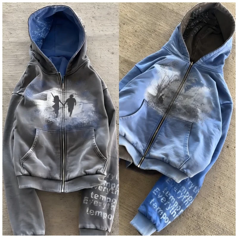 Übergroßer, trendiger Streetwear-Hoodie mit lockerer Passform, vielseitig einsetzbar, mit Reißverschluss, für Herbst/Winter, im amerikanischen Retro-Hip-Hop-Rock-Stil, wendbar.