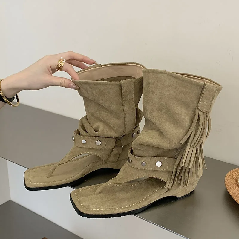 

Eilyken Designer Rivet Tassel Square Clip Toe Ankle Boots Women Sandals Fashion Vintage Comfortable Low Heels Shoes
