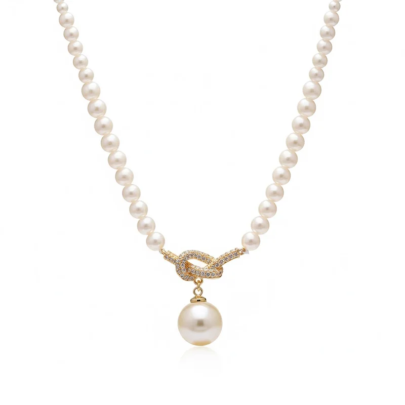 

Love Knot Pearl Necklace 316L Stainless Steel Hypoallergenic Tarnish Free Pave CZ Dangle Choker For Women MURMUR