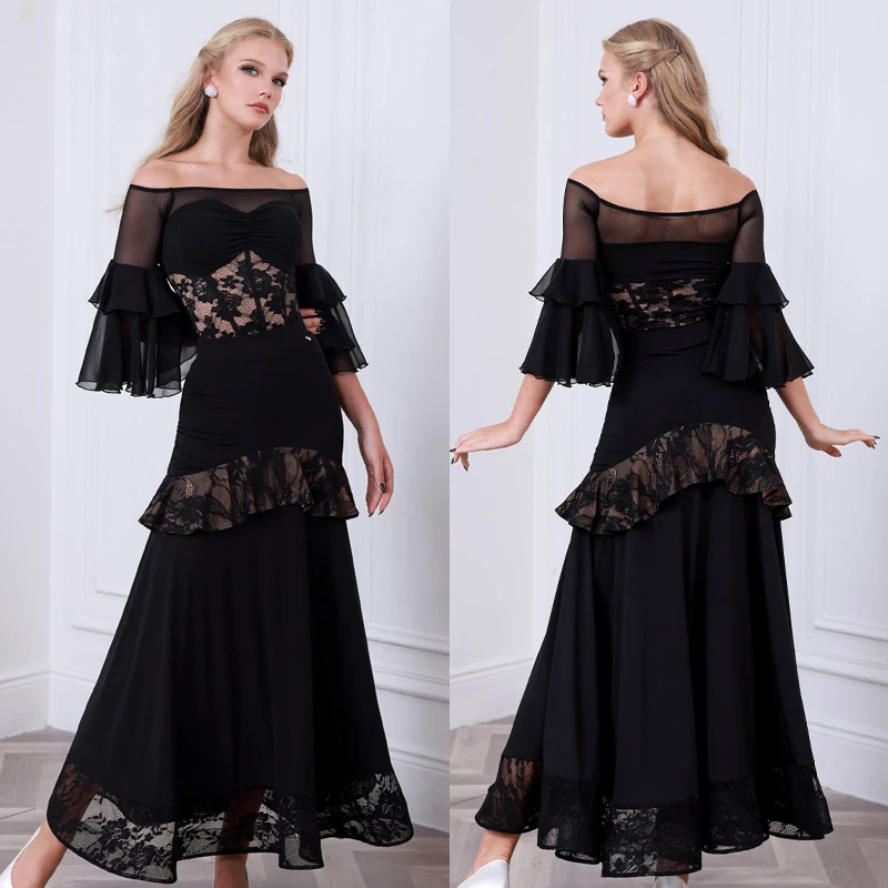 

Waltz Modern Dancing Dresses Women'S Ballroom Dance Competition Costume One Shoulder Lace Sleeves Latin Top Long Skirts SL13982