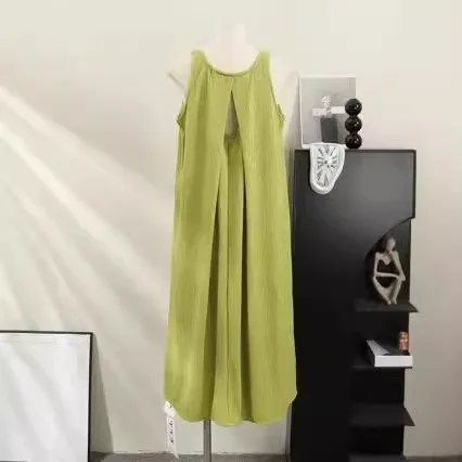 Vaion Ne Hanging Svel Vest Dr Women's Loose Slim Ba Exposure Pleated Beach Long Skirt Cotton Girl Sle