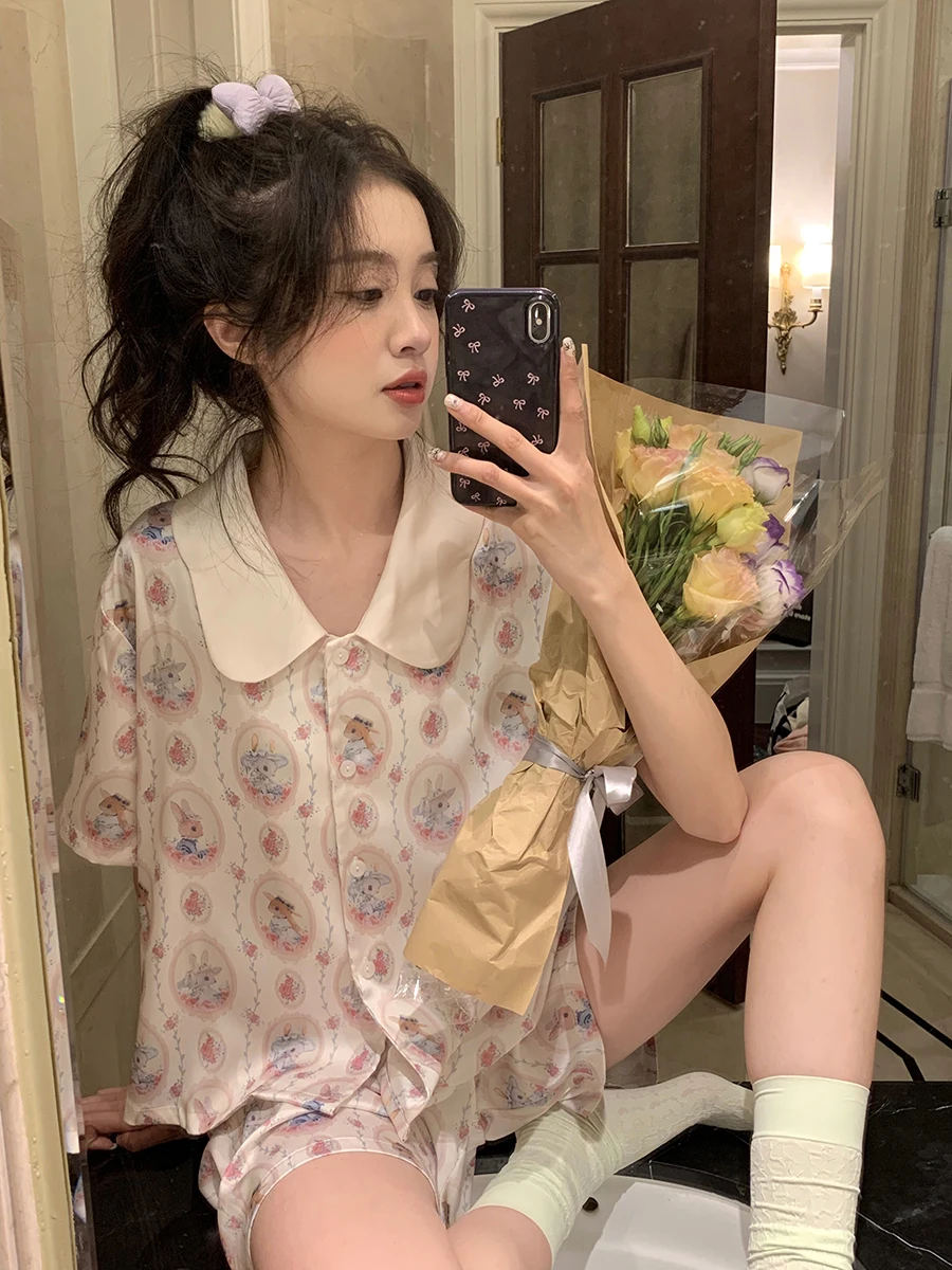 Summer New Ice Silk pajamas Doll neck button up top Skincare Comfortable Home Fury Women's Cute Rabbit Short Sleeve Pajama Set