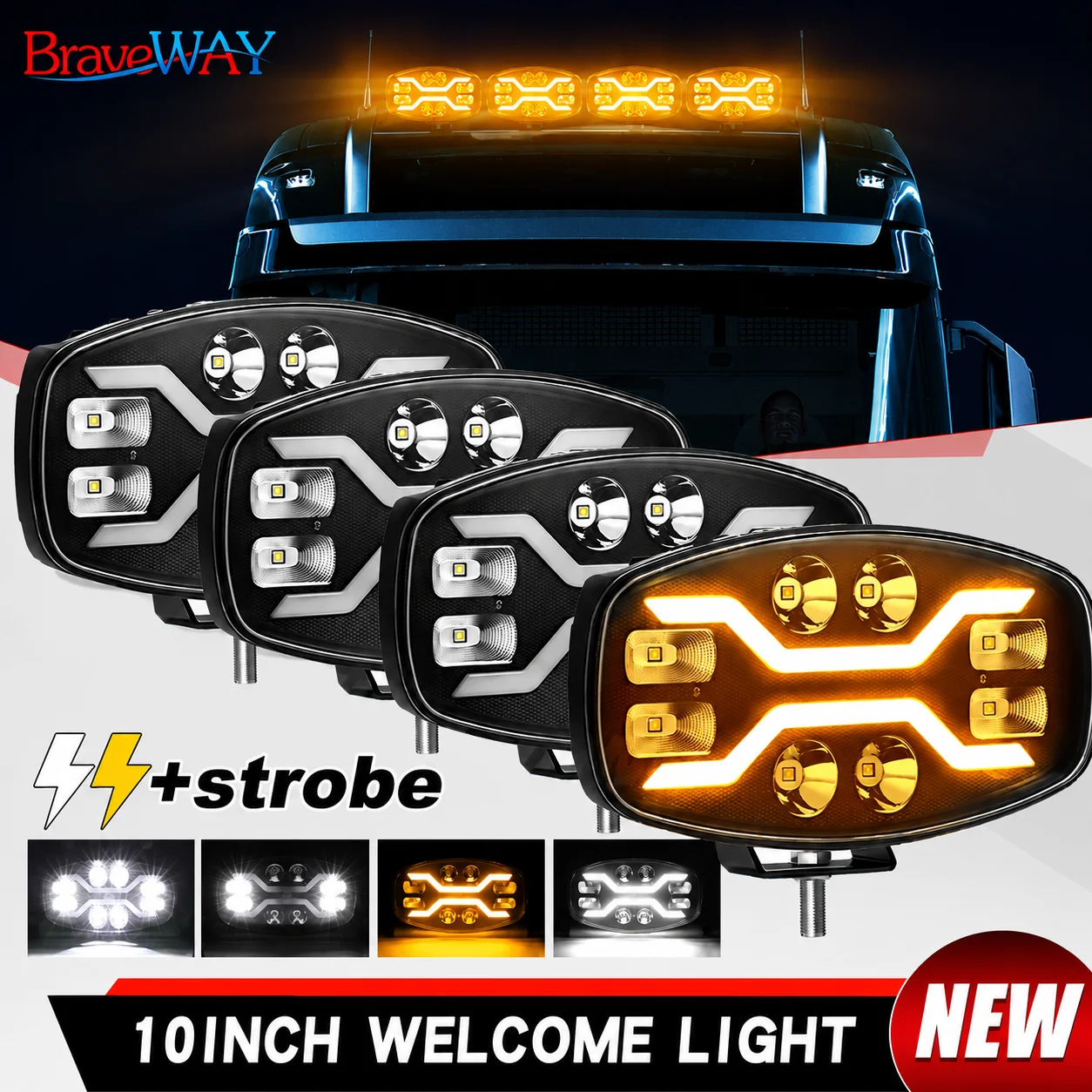 BraveWay 4 Stück 10 Zoll Jumbo Ovale LED-Spotlichter Zweifarbig Weiß-Amber DRL Fahrlicht Stroboskop Blinklicht 12V 24V IP68 Für LKW, Transporter, SUV, Offroad-Nutzung