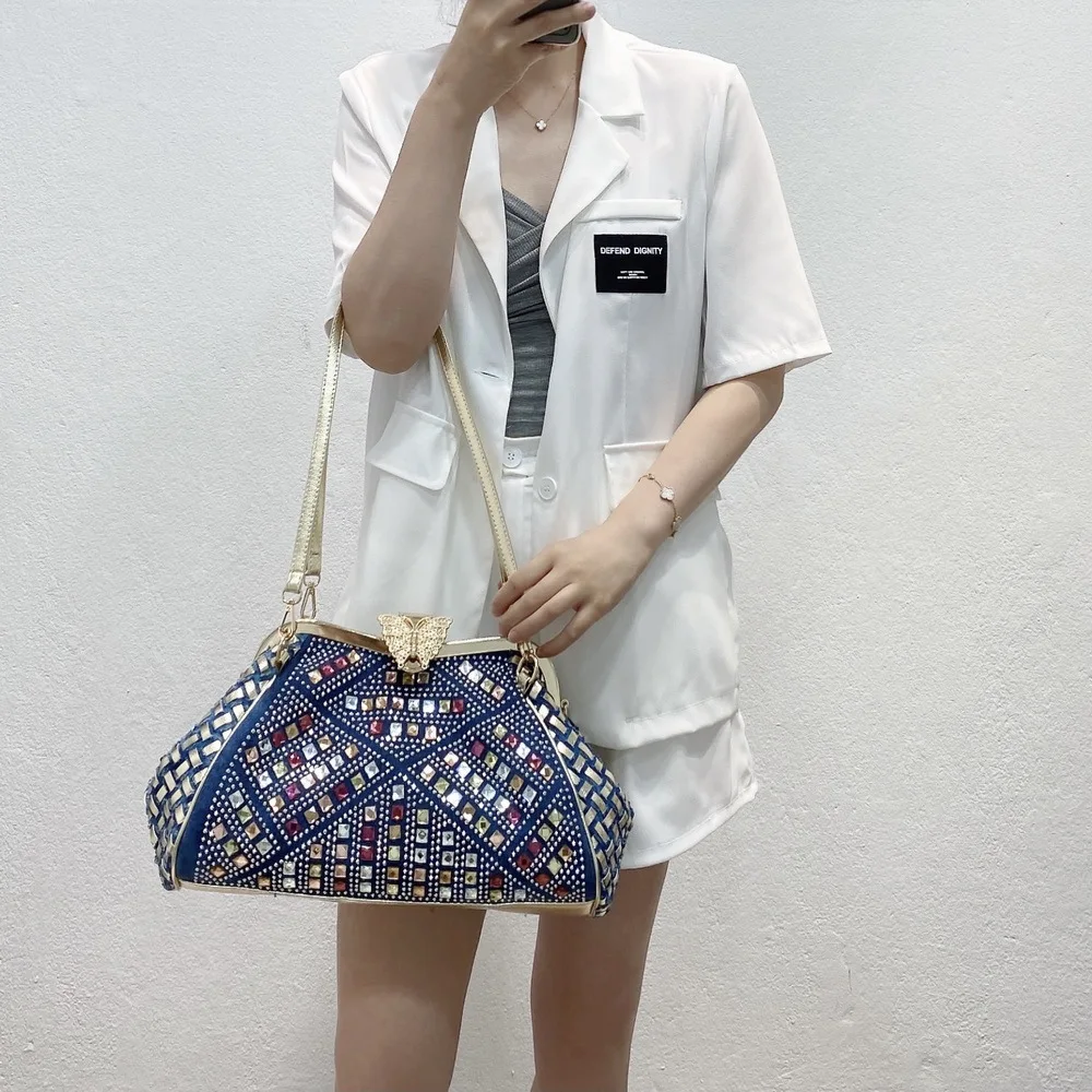 Designer New Women's Bag Denim Braided Rhinestone Bag One Shoulder Crossbody Butterfly Clip Luxury Bag image 4
