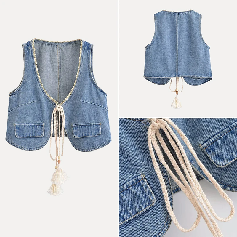 

Summer 2025 New Women's Denim Jaet Lace Trim Belted Svel Patchwork Sle Casual Match All Polyester Fiber