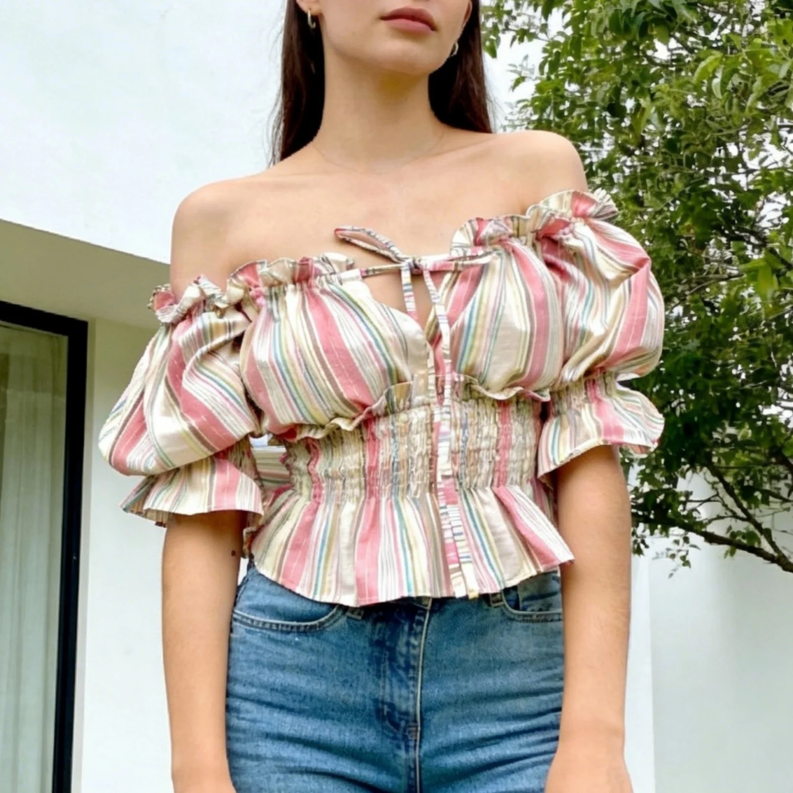 

Women Off Shoulder Tops y2k Clothes Striped Puff Short Sleeve Tie Front Ruffled Blouse Shirts Summer 2000s Daily Wear