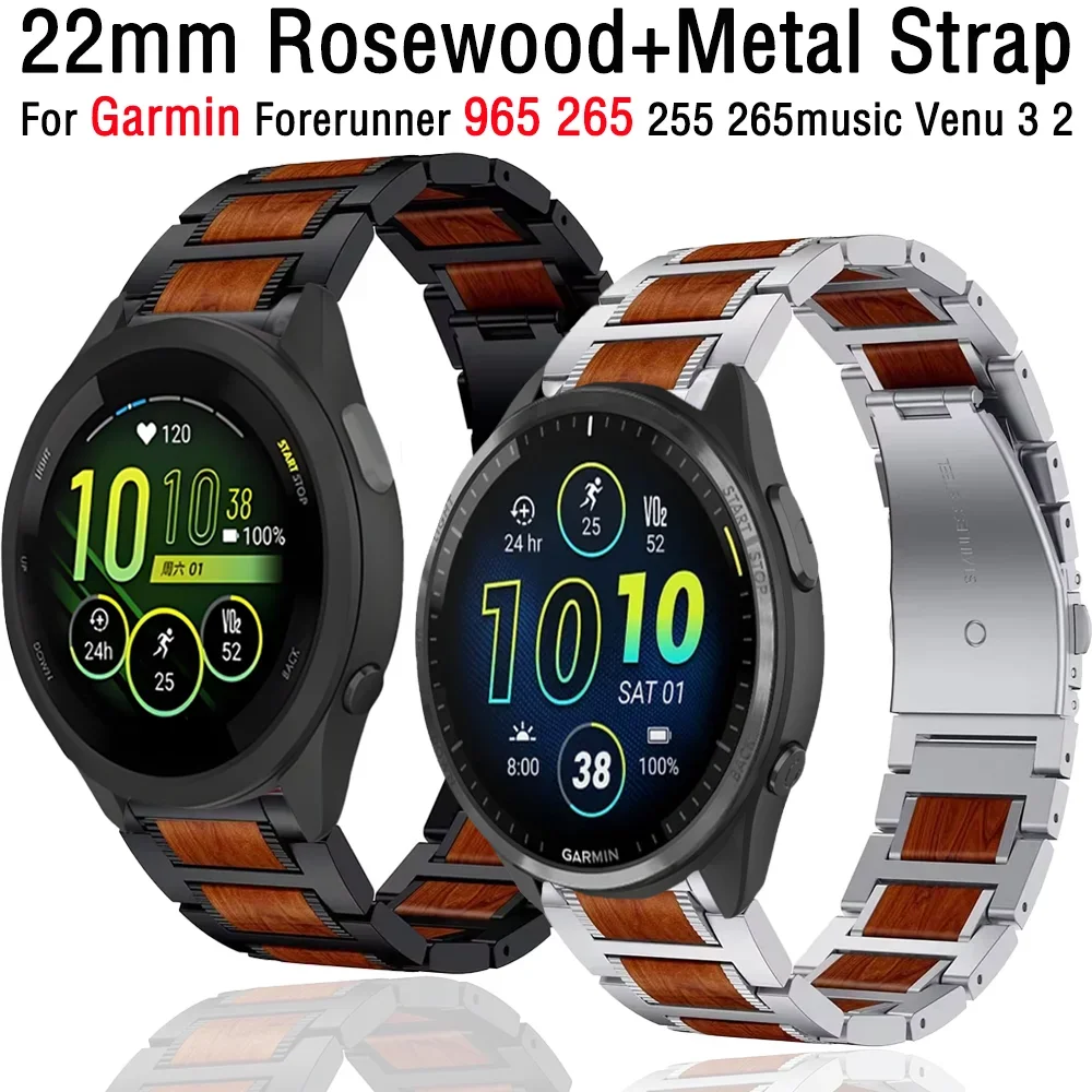 

Ремешок из палисандра + металла 22 мм для Garmin Forerunner 965 265 255 265, музыкальный браслет из нержавеющей стали, браслет Garmin Venu 3 2 Correa
