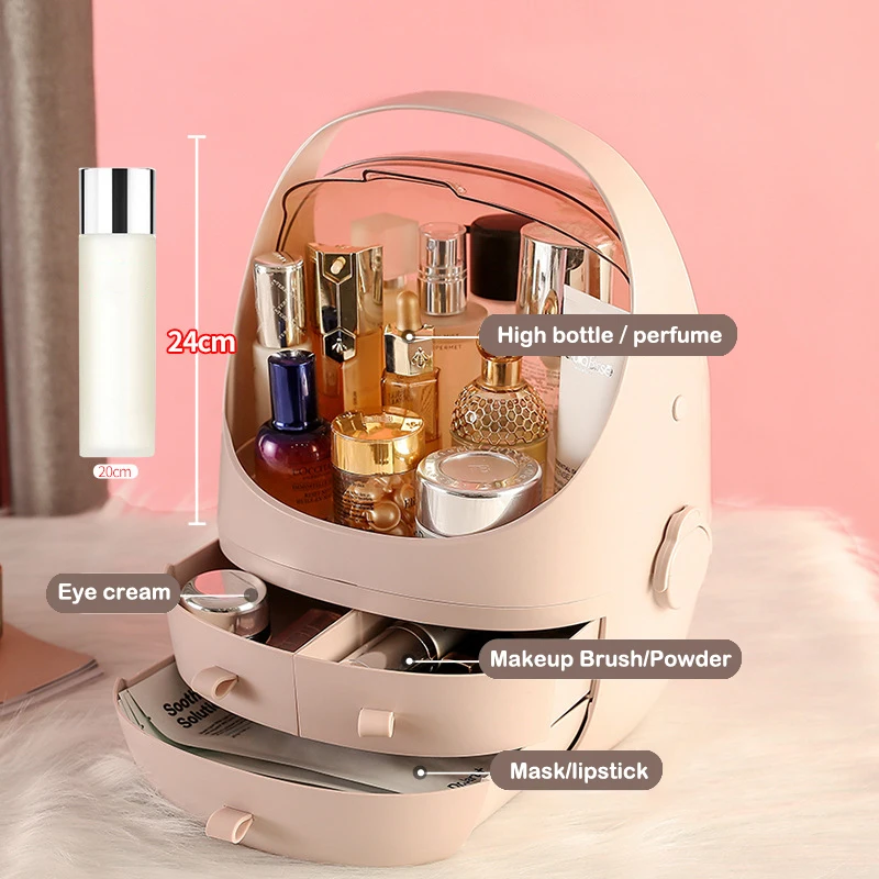 Multifunctional Dustproof Cosmetics Storage Box Space Capsule Cosmetic Case Transparent Skincare Shelves Dust Belt Handle