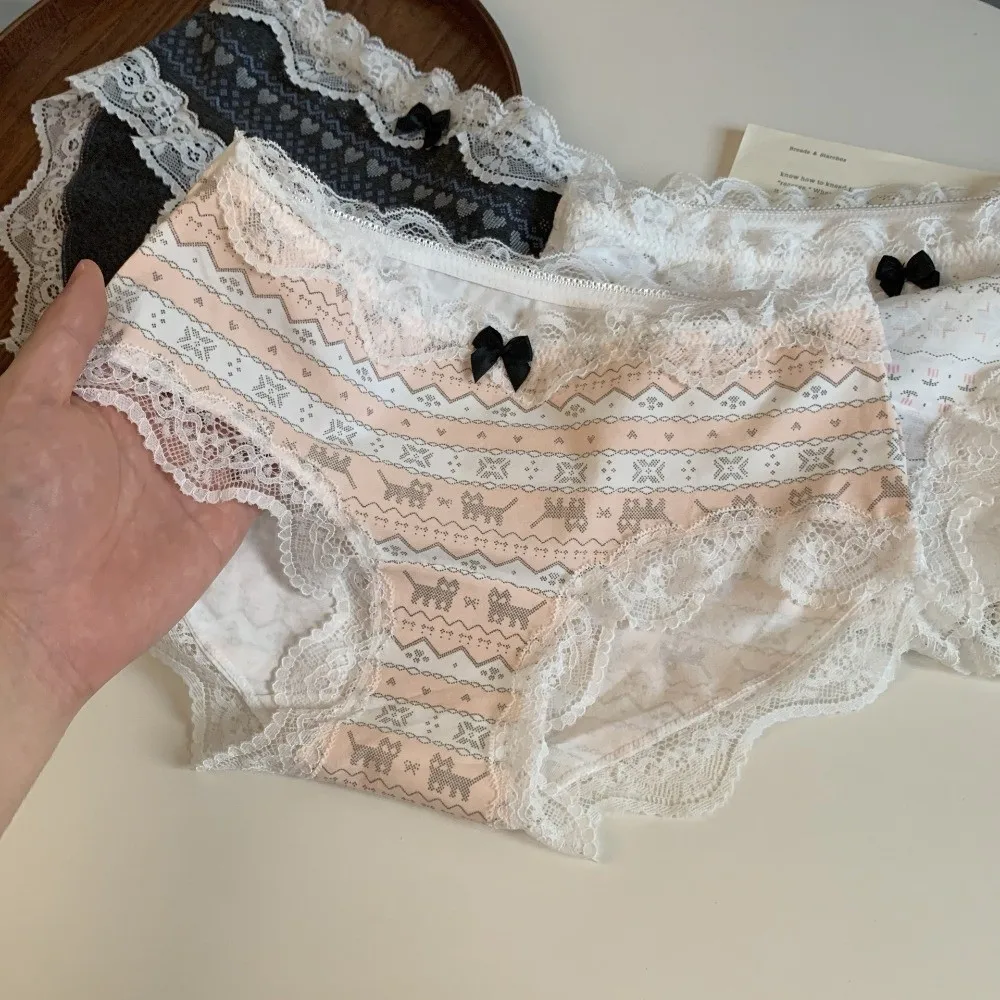 Fashion Bow Cat Lace Flower Panties Cotton Sweet Strip Briefs Mid Waist Lace Briefs Lady