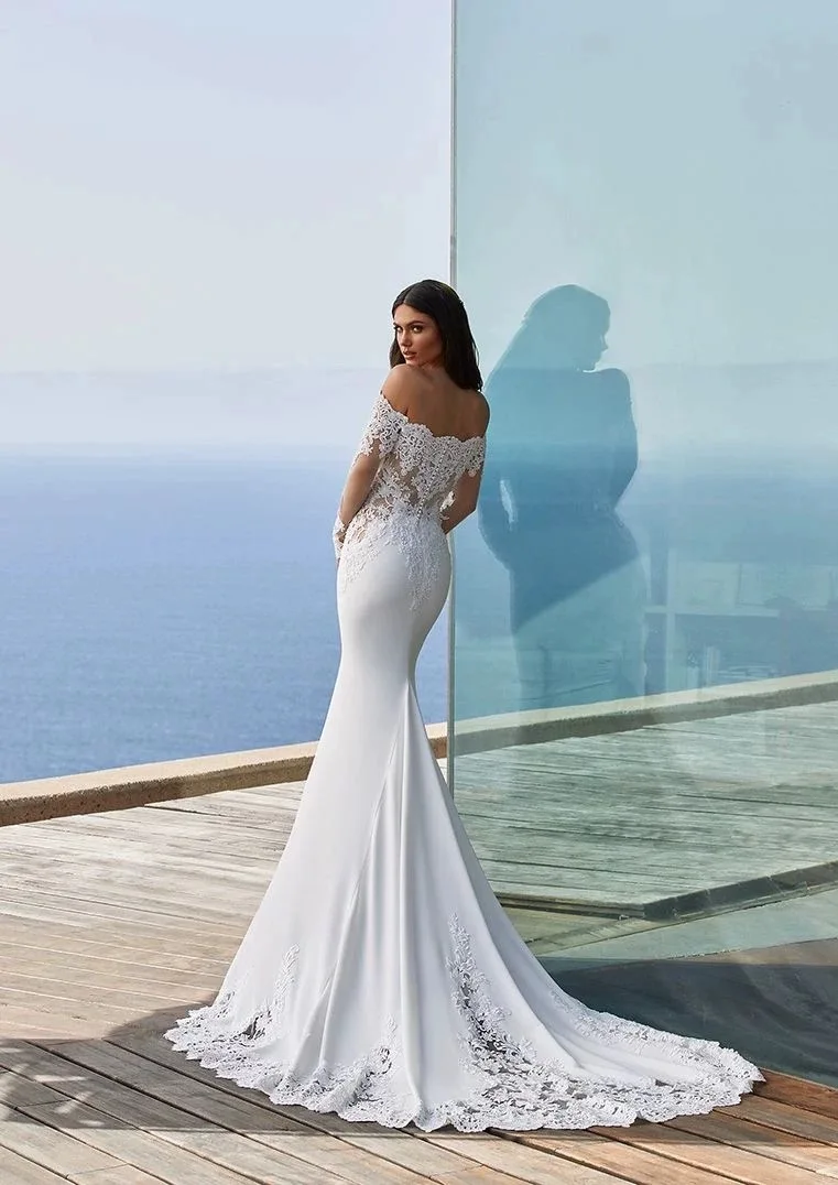 Charmante robe de mariée sirène en dentelle, épaules dénudées, manches longues, robes de mariée élégantes appliquées