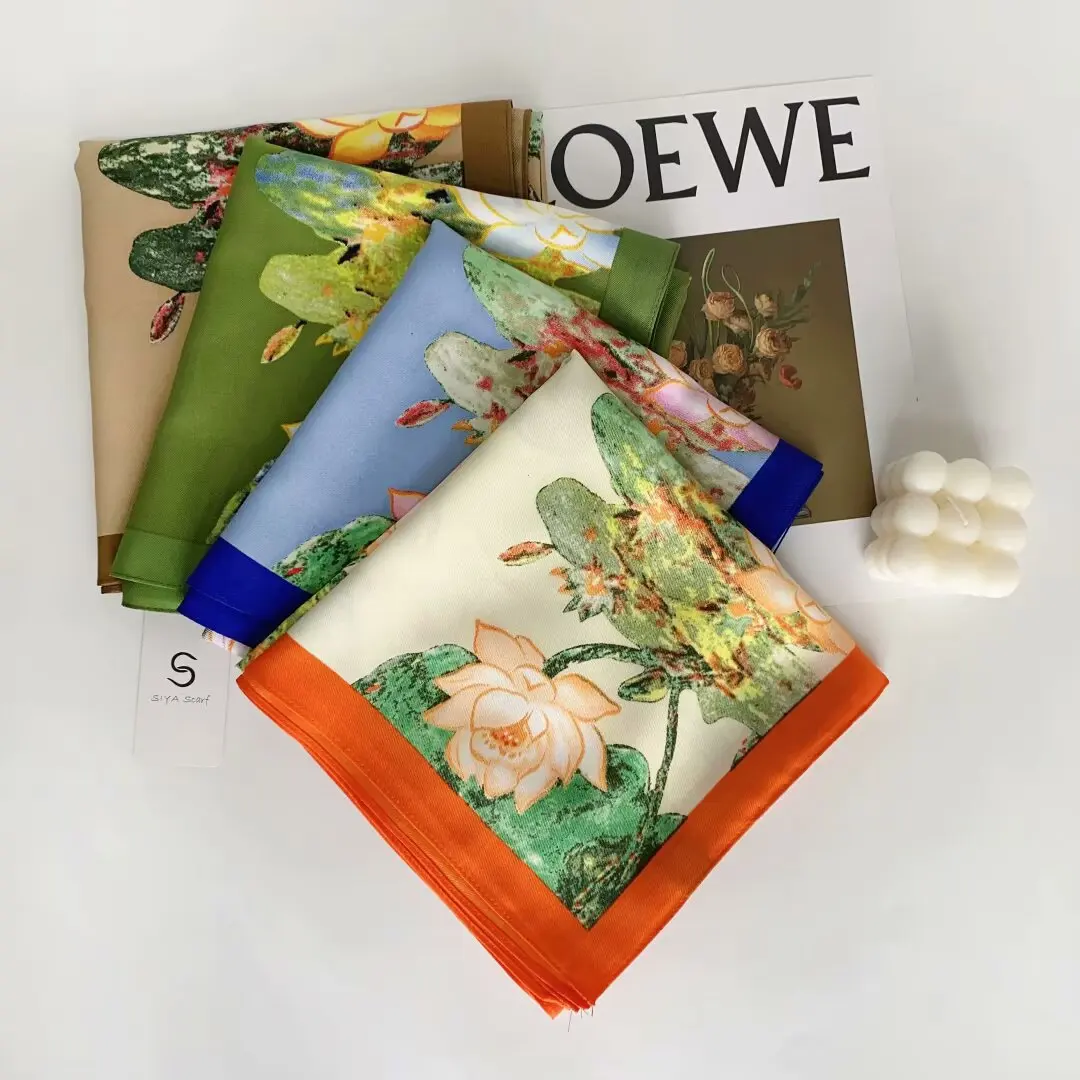 꽃 스카프 여성 나무 인쇄 사각형 스카프 머리 Echarpes Foulards Femme Wraps 비치 Shawls Bandana Lady Hijabs 90CM