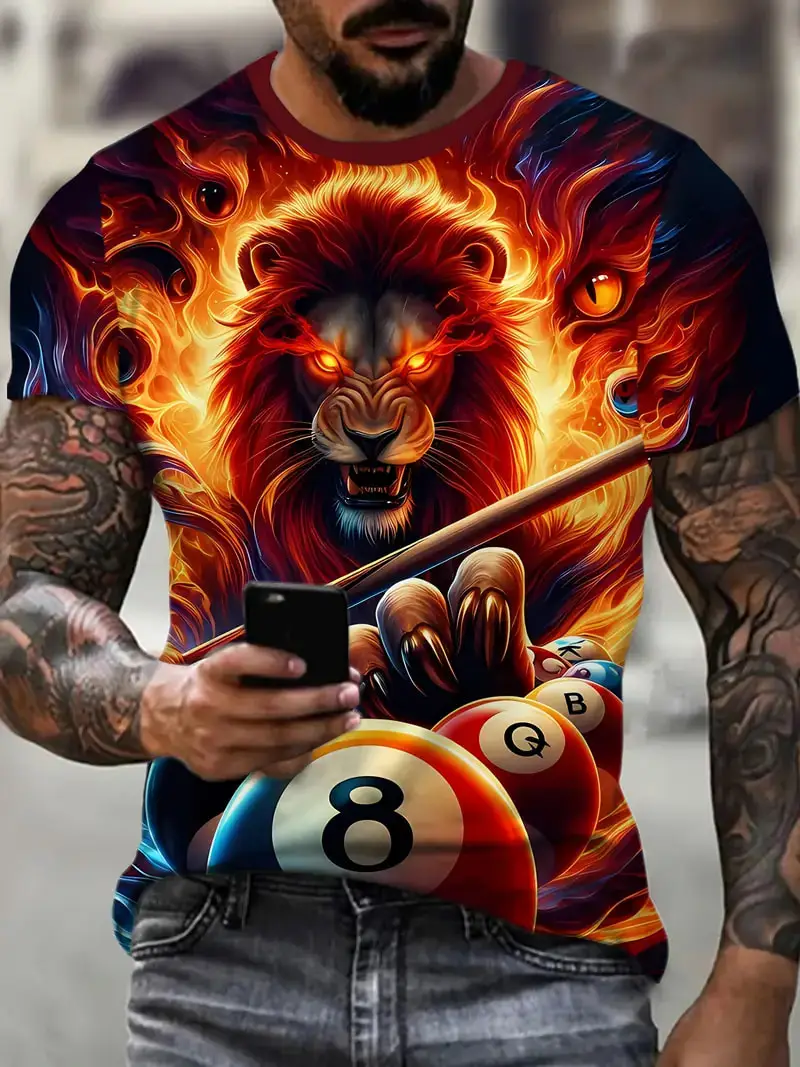 Novelty Lion Billiards Pattern Men's T-shirt 3D Print Snooker T shirt Casual Male Female Personality Competition Player Uniforms