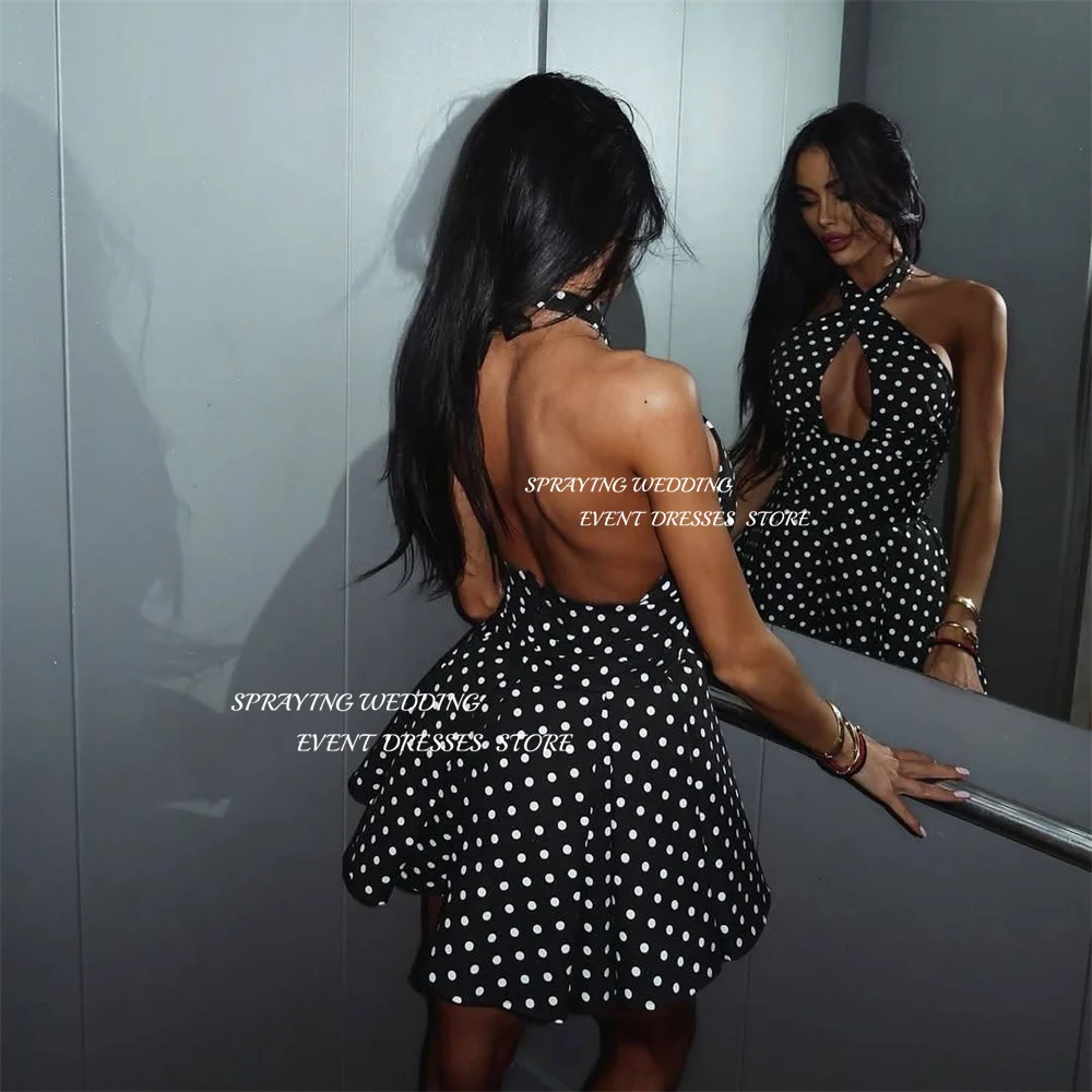 SPRAYING-Mini vestido de fiesta negro con lunares blancos, vestido de fiesta de satén con cuello Halter, corte A, corto por encima de la rodilla, vestido de cóctel Formal personalizado