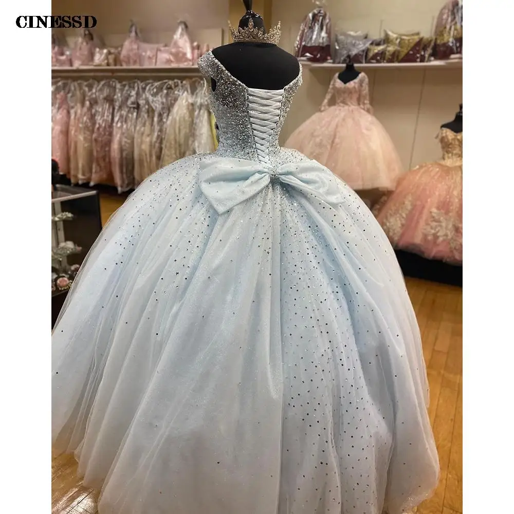 Light Blue Beading Sequined Crystal Quinceanera Dresses Ball Gown Off The Shoulder Bow Back Corset Sweet 15 Party Wear