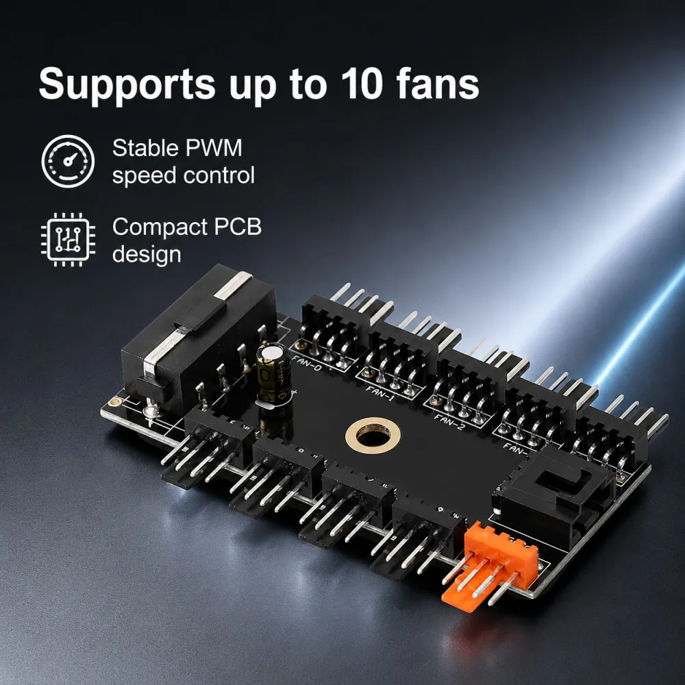 New Chassis Fan Hub CPU Cooling HUB 10 Port 12V 4 Pin Fan PWM Fan Hub SATA  Molex Controller Power Supply Speed Adapter Mining