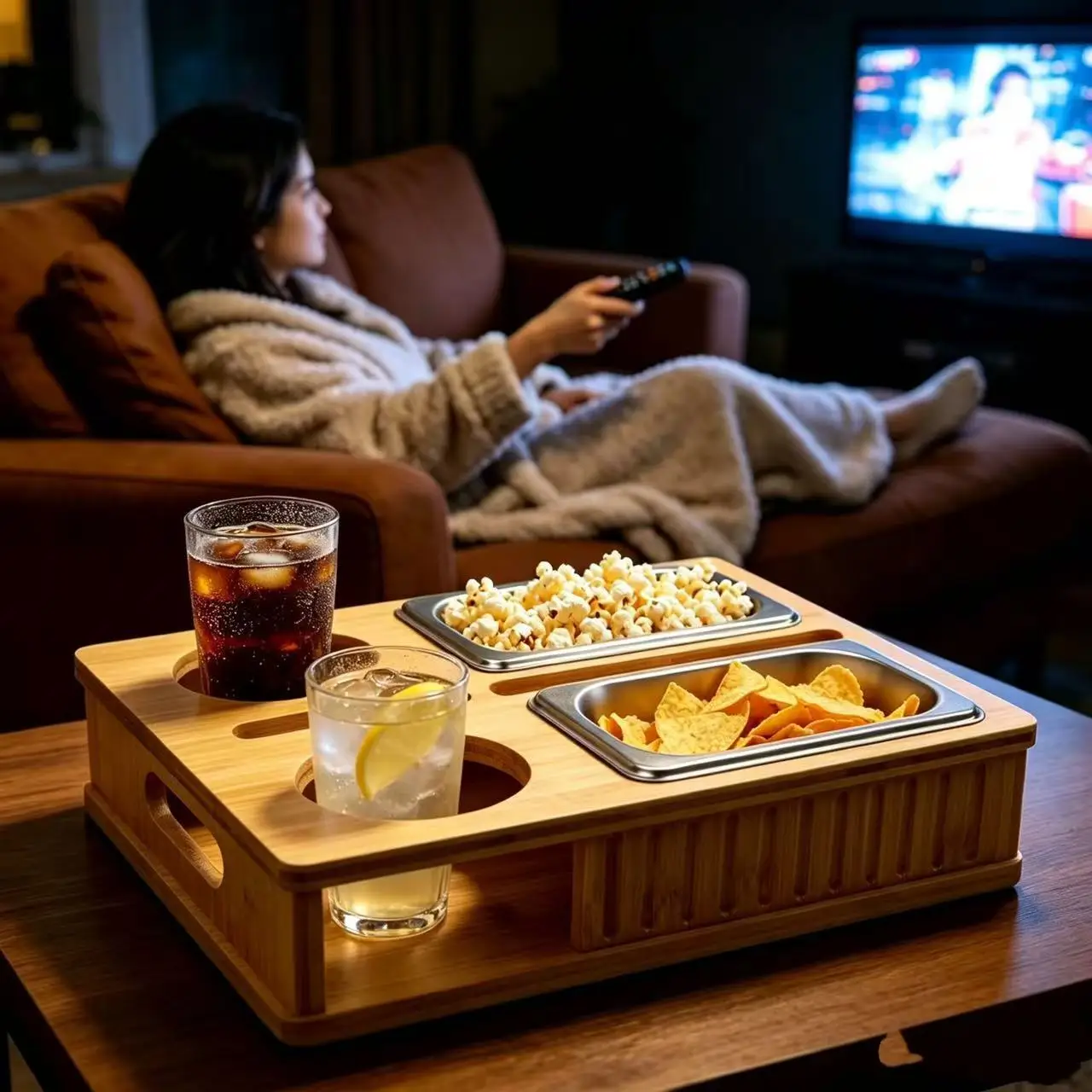 Wooden Sofa Remote Control Phone Holder Snack Tray Organizer Box Separation Format Storage Wood Box for Living Room Decor
