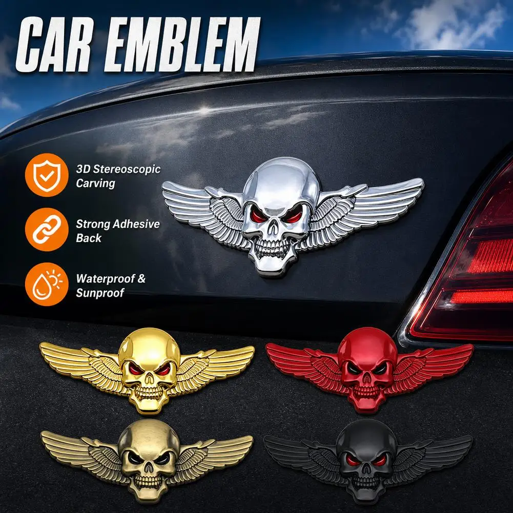 Upgrade Skull with Wings Metal Decal for Motorcycle,Car- Universal Fit Front/Tank/Rear Spoiler - Cool Rider Decor Sticker