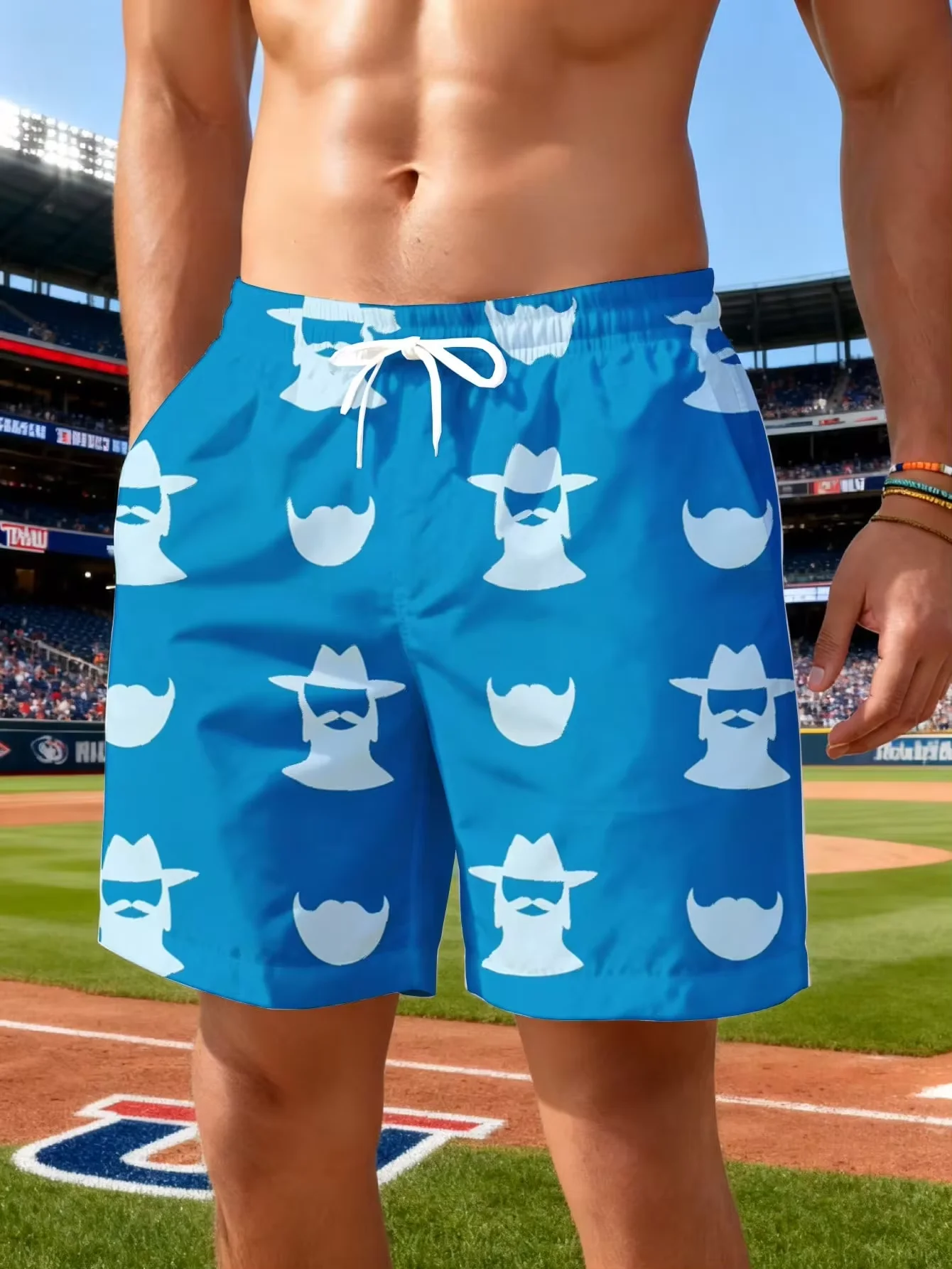 Pantalones Cortos de Playa Ligeros y Suaves para Hombre, con Estampado de Sombrero de Vaquero y Bigote, para Vacaciones y Fiestas en la Playa