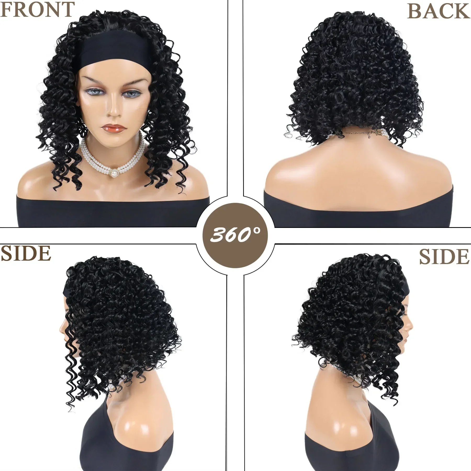 Premium synthetische Stirnband Perücken für Frauen Afro lockige Perücke kurze schwarze Haare volle Perücken Wasserwelle Frisuren weibliche Ersatz Perücke